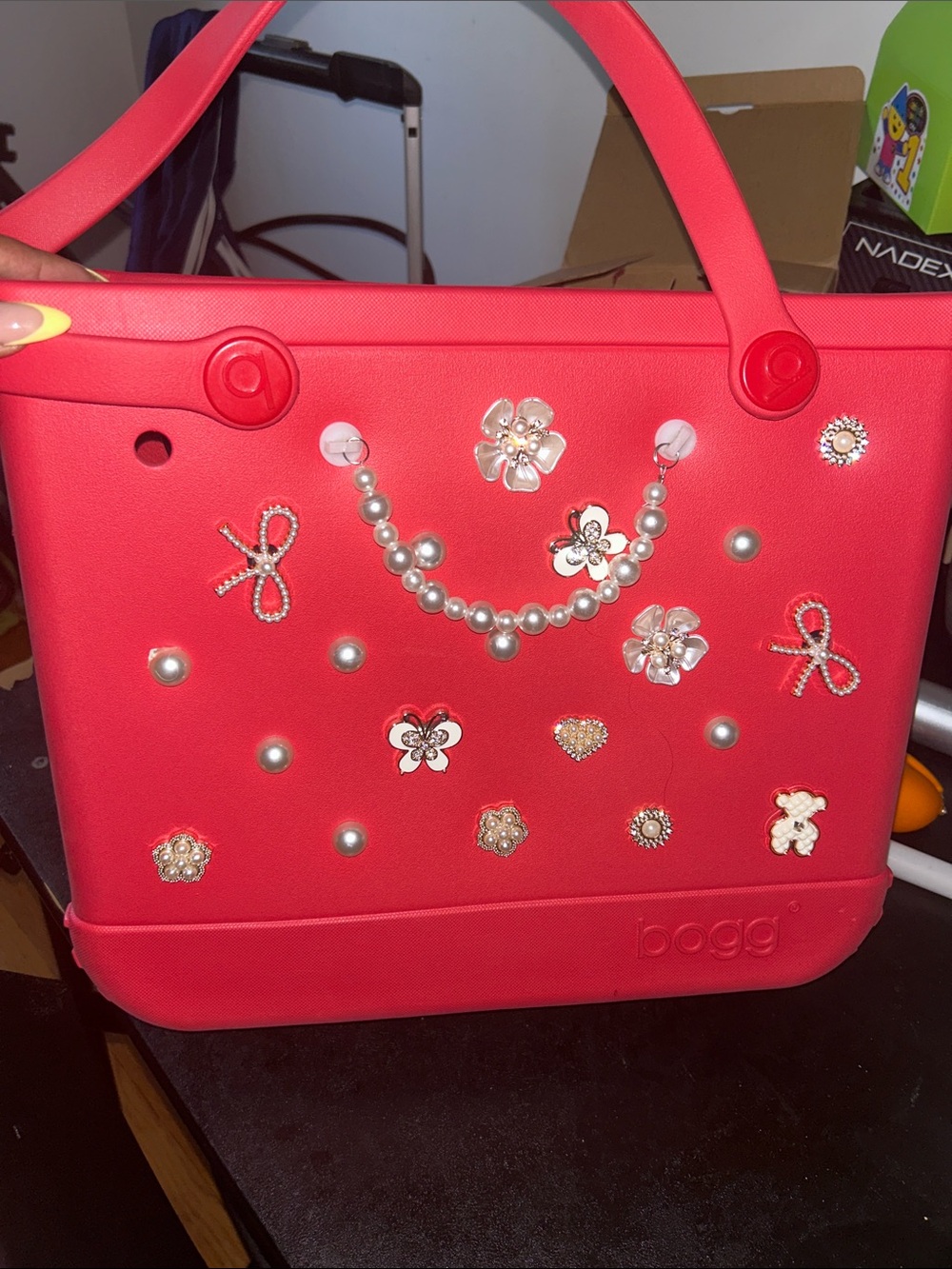 BOGG BAG Red Perforated Tote with Crossed Strap Detail